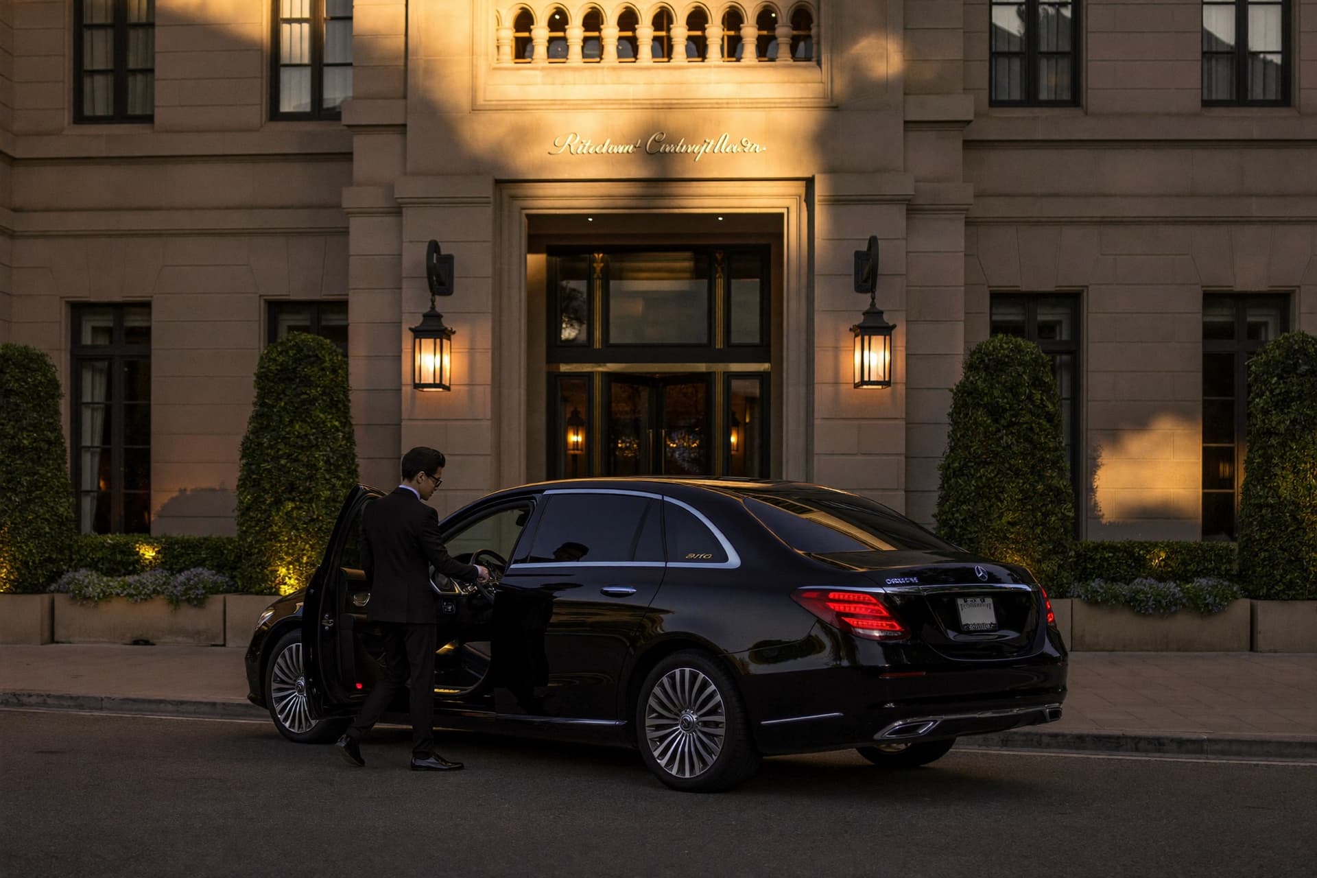 Chauffeur ouvrant la porte d'une Mercedes Classe S noire devant le Ritz-Carlton Montréal